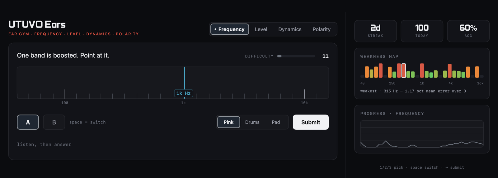 UTUVO Ears: the frequency drill with A/B buttons, and a weakness map of 1/3-octave bands.
