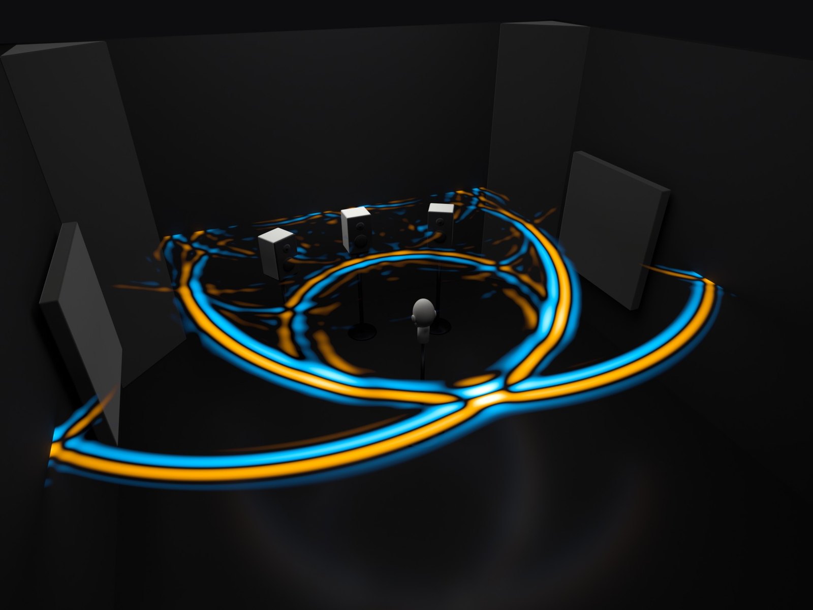 Klangraum: a 3D render of the control-room scene with the simulated pressure field glowing at ear height